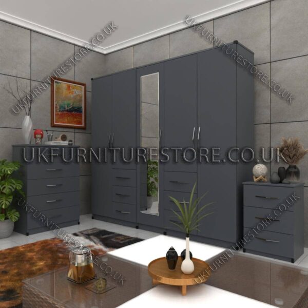 Gray 5 Door 1 Mirror Combi Wardrobe Set With Chest Drawer and Bedside
