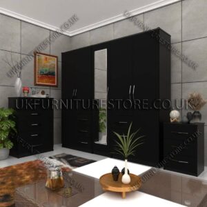 Black 5 Door 1 Mirror Combi Wardrobe Set With Chest Drawer and Bedside