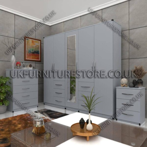 Silver 5 Door 1 Mirror Combi Wardrobe Set With Chest Drawer and Bedside