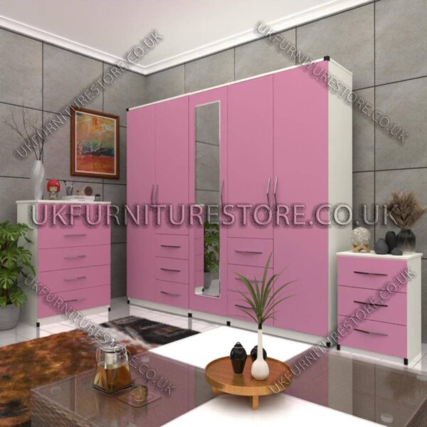 Front Pink Side White 5 Door 1 Mirror Ombi Wardrobe Set With Chest Drawer and Bedside