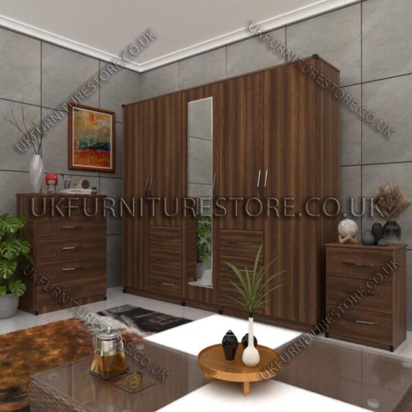 Walnut 5 Door 1 Mirror Combi Wardrobe Set With Chest Drawer and Bedside