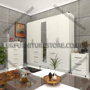 White 5 Door 1 Mirror Combi Wardrobe Set With Chest Drawer and Bedside