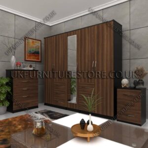 Front Walnut Side Black 5 Door 1 Mirror Combi Wardrobe Set With Chest Drawer and Bedside