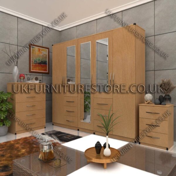 Beech 5 Door 3 Mirrors Combi Wardrobe Set With Chest Drawer and Bedside