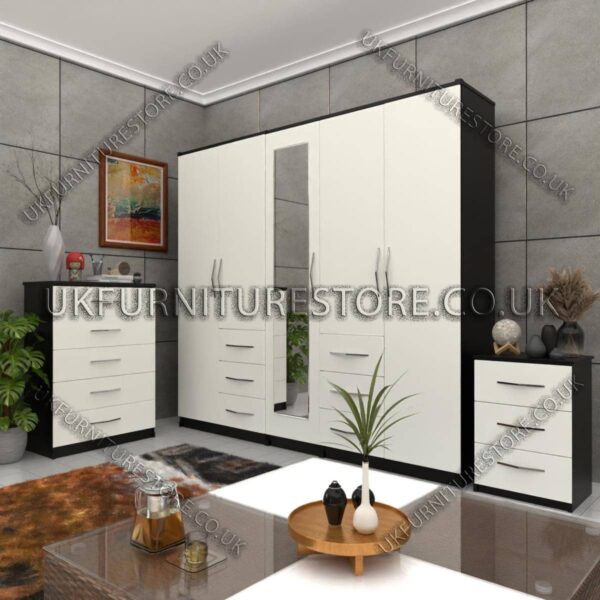 Front White Side Black 5 Door 1 Mirror Combi Wardrobe Set With Chest Drawer and Bedside