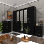 Black 5 Door 3 Mirrors Combi Wardrobe Set With Chest Drawer and Bedside