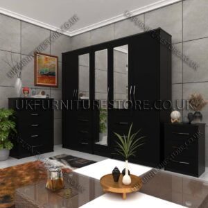 Black 5 Door 3 Mirrors Combi Wardrobe Set With Chest Drawer and Bedside
