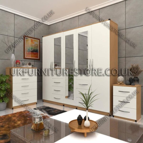 Front White Side Oak 5 Door 3 Mirrors Combi Wardrobe Set With Chest Drawer and Bedside