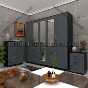 Front Gray Side Black 5 Door 3 Mirrors Combi Wardrobe Set With Chest Drawer and Bedside