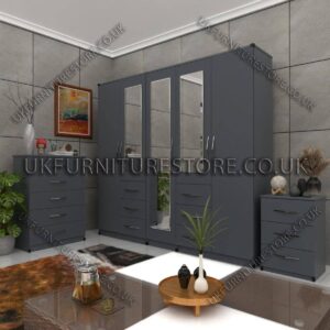 Gray 5 Door 3 Mirrors Combi Wardrobe Set With Chest Drawer and Bedside