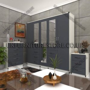 Front Gray Side White 5 Door Combi Wardrobe Set With Chest Drawer and Bedside