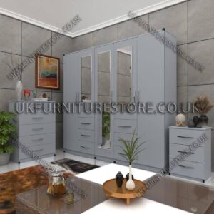 Silver 5 Door 3 Mirrors Combi Wardrobe Set With Chest Drawer and Bedside