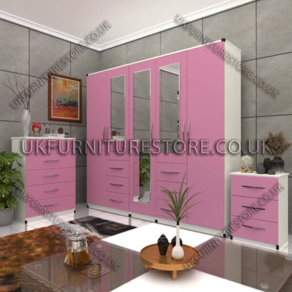 Front Pink Side White 5 Door 3 Mirrors Combi Wardrobe Set With Chest Drawer and Bedside