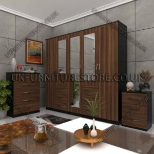 Front Walnut Side Black 5 Door 3 Mirrors Combi Wardrobe Set With Chest Drawer and Bedside