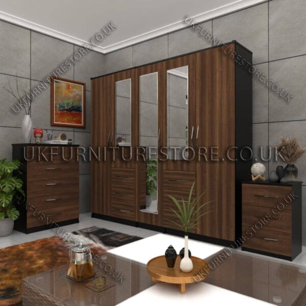 Front Walnut Side Black 5 Door 3 Mirrors Combi Wardrobe Set With Chest Drawer and Bedside