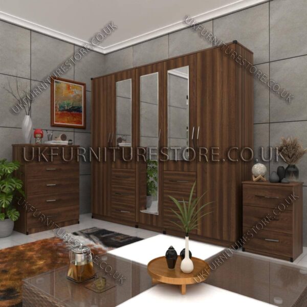 Walnut 5 Door 3 Mirrors Combi Wardrobe Set With Chest Drawer and Bedside