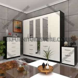 Front White Side Black 5 Door 3 Mirrors Combi Wardrobe Set With Chest Drawer and Bedside