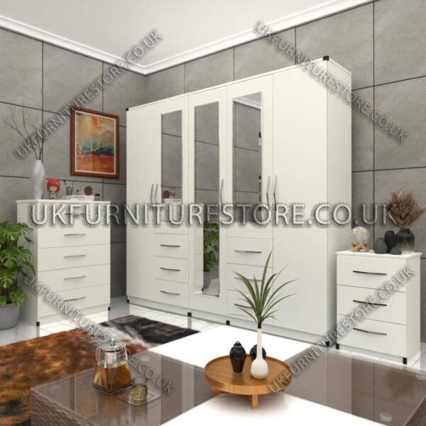 White 5 Door 3 Mirrors Combi Wardrobe Set With Chest Drawer and Bedside