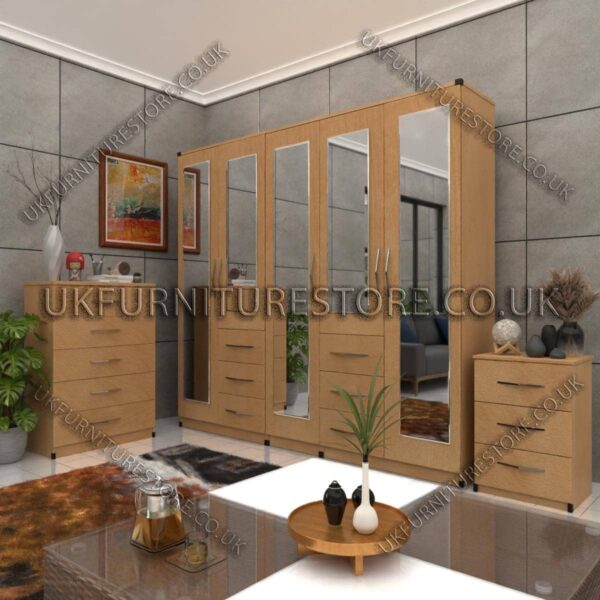 Oak 5 Door Combi Wardrobe With 5 Mirrors Set With Chest Drawer and Bedside