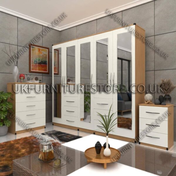 Front White Side Beech 5 Door Combi Wardrobe With 5 Mirrors Set With Chest Drawer and Bedside