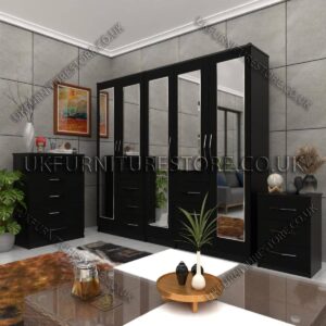Black 5 Door Combi Wardrobe With 5 Mirrors Set With Chest Drawer and Bedside