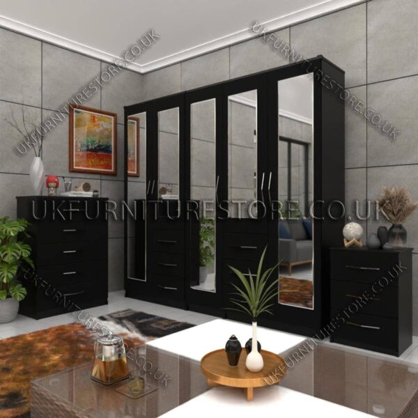 Black 5 Door Combi Wardrobe With 5 Mirrors Set With Chest Drawer and Bedside