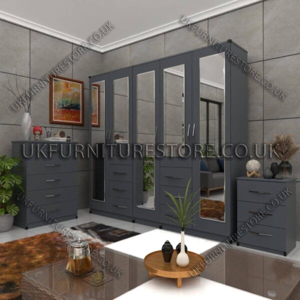 Gray 5 Door Combi Wardrobe With 5 Mirrors Set With Chest Drawer and Bedside