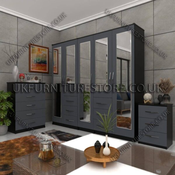 Front Gray Side Black 5 Door Combi Wardrobe With 5 Mirrors Set With Chest Drawer and Bedside