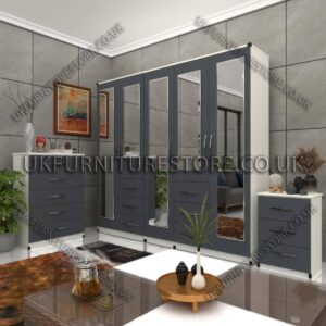 Front Gray Side White 5 Door Combi Wardrobe With 5 Mirrors Set With Chest Drawer and Bedside