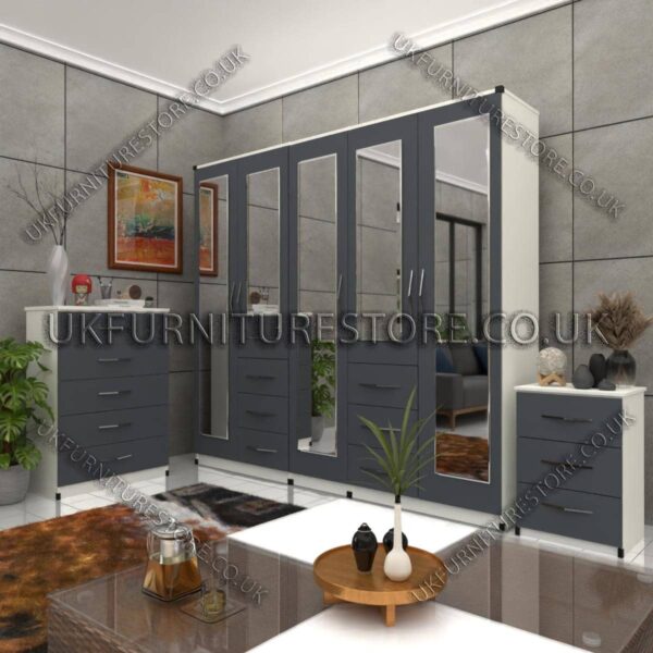 Front Gray Side White 5 Door Combi Wardrobe With 5 Mirrors Set With Chest Drawer and Bedside