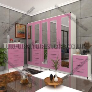 Front Pink Side White 5 Door Combi Wardrobe With 5 Mirrors Set With Chest Drawer and Bedside