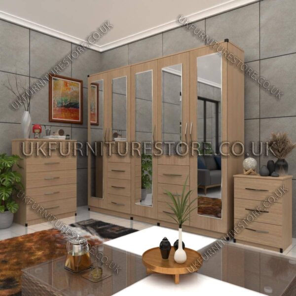 Oak 5 Door Combi Wardrobe With 5 Mirrors Set With Chest Drawer and Bedside