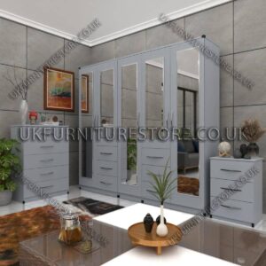 Silver 5 Door Combi Wardrobe With 5 Mirrors Set With Chest Drawer and Bedside