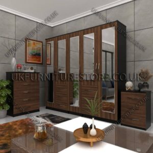 Front Walnut Side Black 5 Door Combi Wardrobe With 5 Mirrors Set With Chest Drawer and Bedside