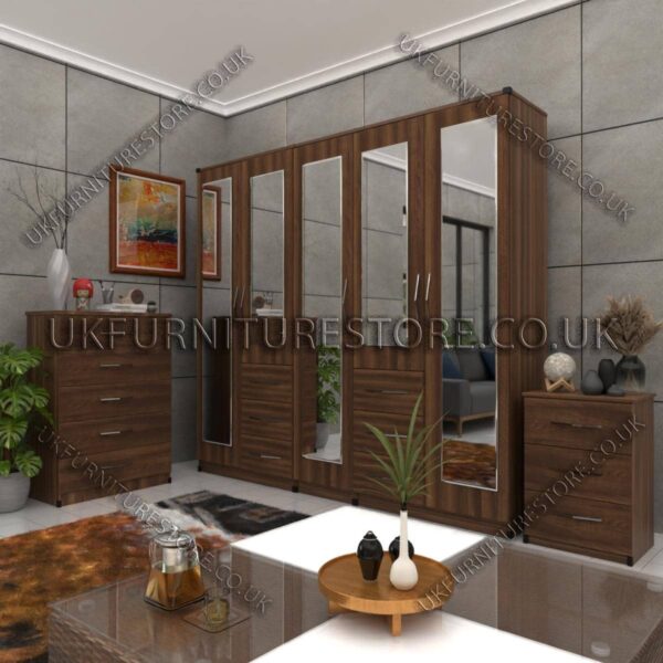 Walnut 5 Door Combi Wardrobe With 5 Mirrors Set With Chest Drawer and Bedside