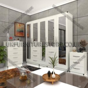White 5 Door Combi Wardrobe With 5 Mirrors Set With Chest Drawer and Bedside