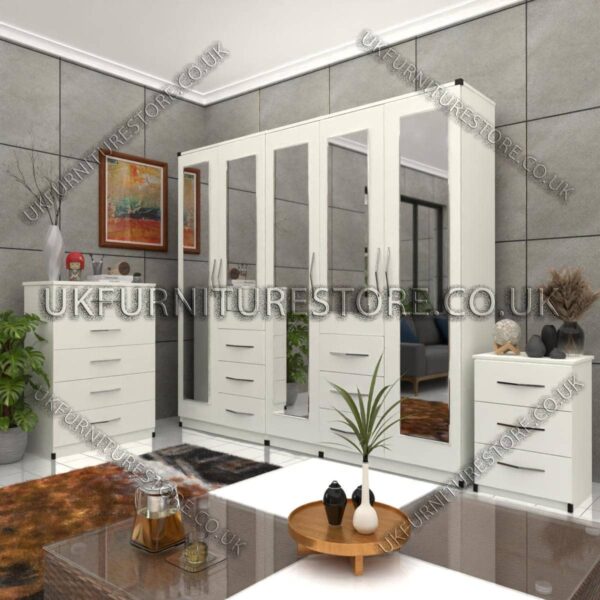 White 5 Door Combi Wardrobe With 5 Mirrors Set With Chest Drawer and Bedside