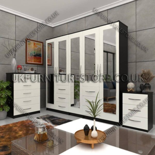 Front White Side Black 5 Door Combi Wardrobe With 5 Mirrors Set With Chest Drawer and Bedside