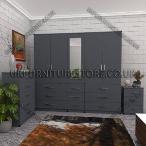 Gray 6 Door 1 Mirror Wardrobe Set With Chest Drawer and Bedside