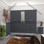 Front Silver Side White 5 Door 1 Mirror Wardrobe Set With Chest Drawer and Bedside