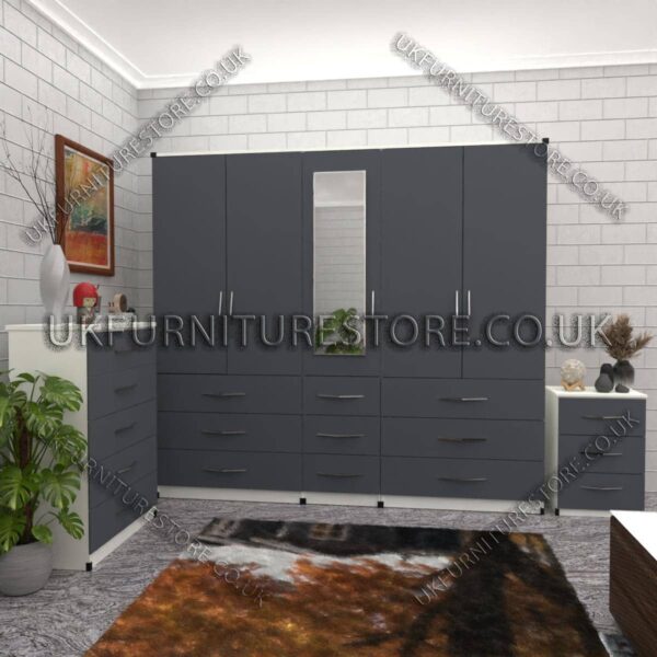 Front Silver Side White 5 Door 1 Mirror Wardrobe Set With Chest Drawer and Bedside