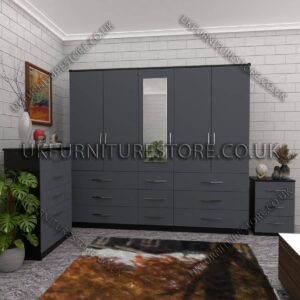 Front Silver Side Black 5 Door 1 Mirror Wardrobe Set With Chest Drawer and Bedside