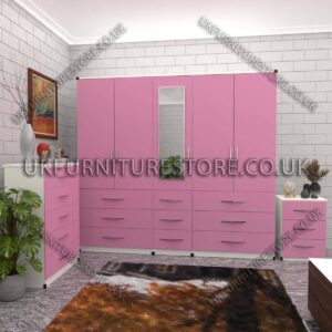 Front Pink Side White 5 Door 1 Mirror Wardrobe Set With Chest Drawer and Bedside