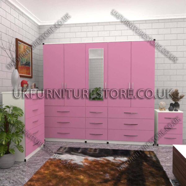 Front Pink Side White 5 Door 1 Mirror Wardrobe Set With Chest Drawer and Bedside