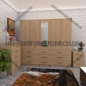 Oak 5 Door 1 Mirror Wardrobe Set With Chest Drawer and Bedside