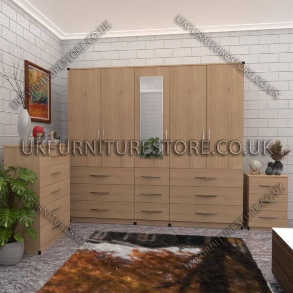 Oak 5 Door 1 Mirror Wardrobe Set With Chest Drawer and Bedside