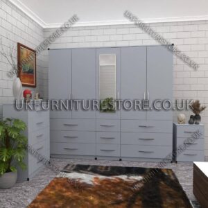Silver 5 Door 1 Mirror Wardrobe Set With Chest Drawer and Bedside
