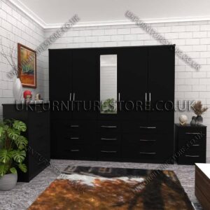 Black 5 Door 1 Mirror Wardrobe Set With Chest Drawer and Bedside