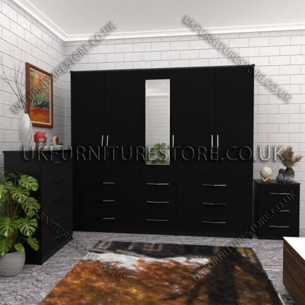 Black 5 Door 1 Mirror Wardrobe Set With Chest Drawer and Bedside