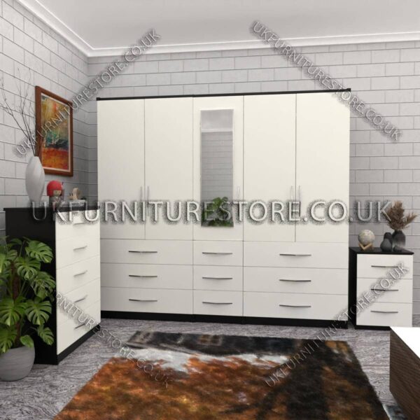 Front White Side Black 5 Door 1 Mirror Wardrobe Set With Chest Drawer and Bedside